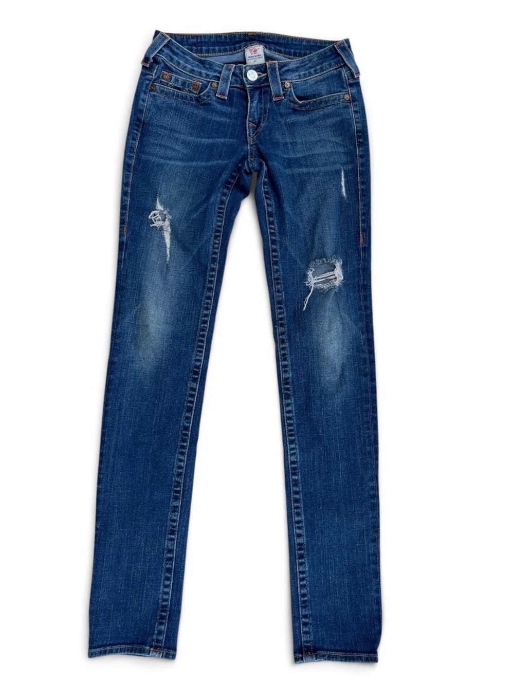 True Religion Distressed Low Rise Skinny Jeans Blue Denim Size 27